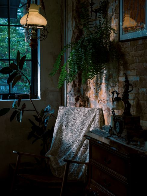 Notre jardin secret 1 Vintage armchair plants warm